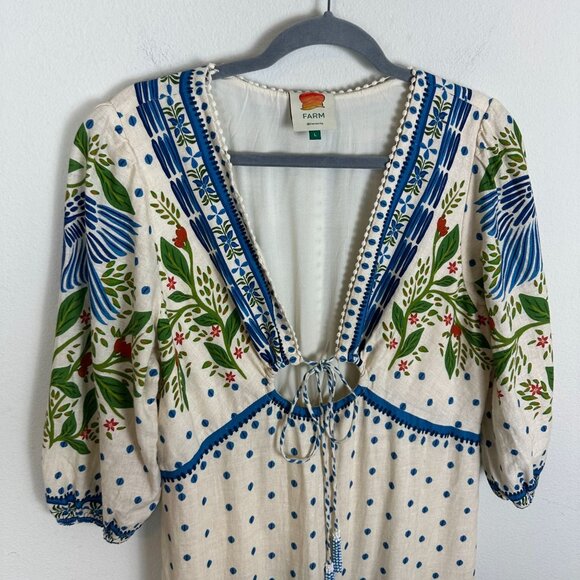 Farm Rio Off White Macaw Flight Maxi Dress L Boho Linen Blend Tiered Summer - Picture 6 of 14